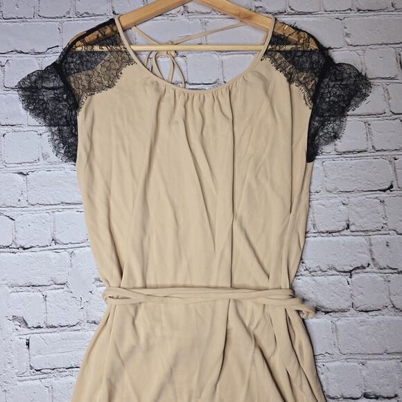 La Perla Slip Style Blush Beige Cream Black Lace Sleeve Wrap Waist Dress New 44 - Picture 2 of 11